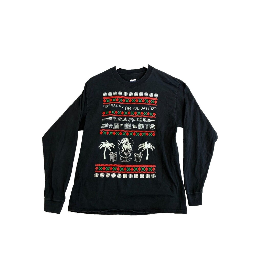 Hanes Beefy T Happy OB Holidays Long Sleeve Shirt Mens Black Christmas Graphic